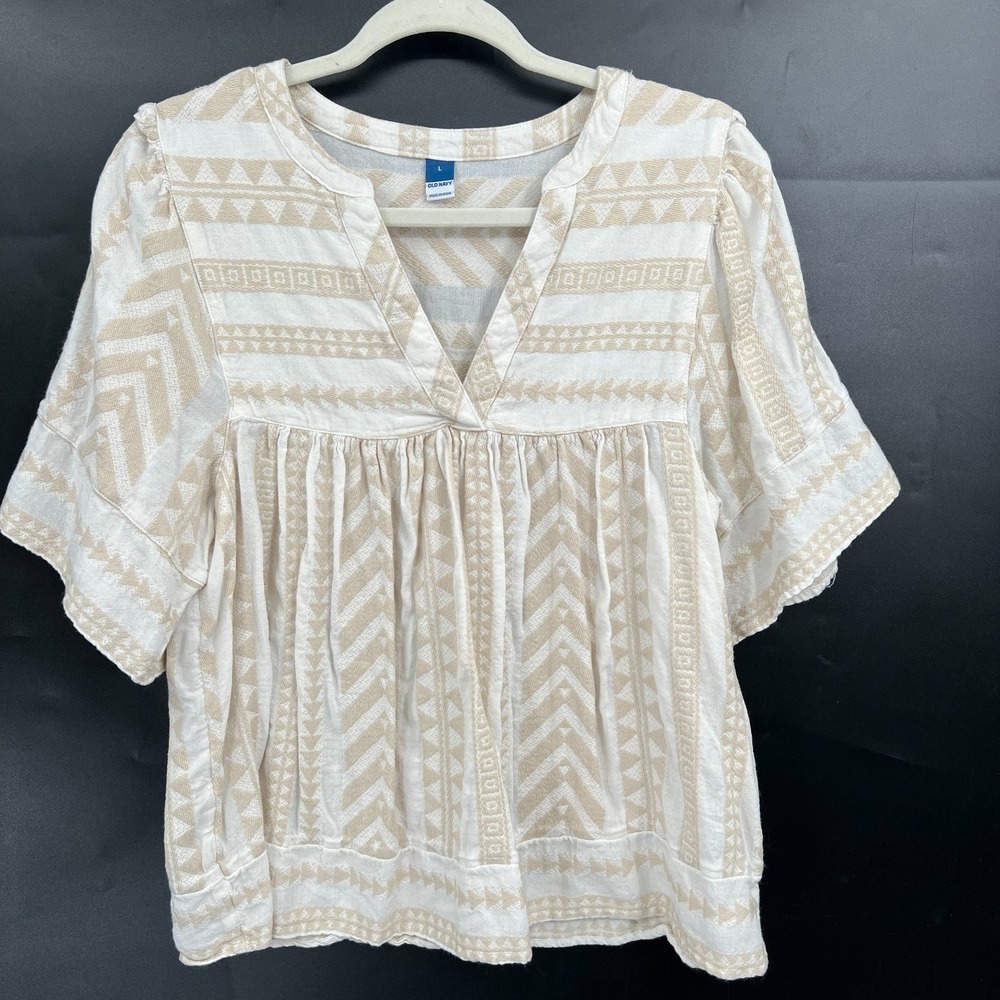 Woven popover beige ivory ruffle top boho coastal grandma boho minimalist L